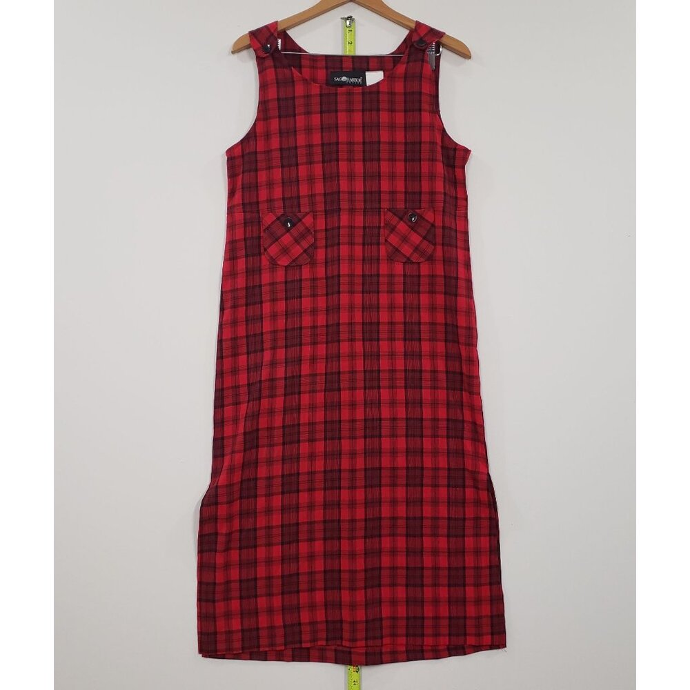Vintage 90s Sag Harbor Petite Red Plaid Sleeveless Midi Dress Size 8 Preppy - Picture 3 of 6